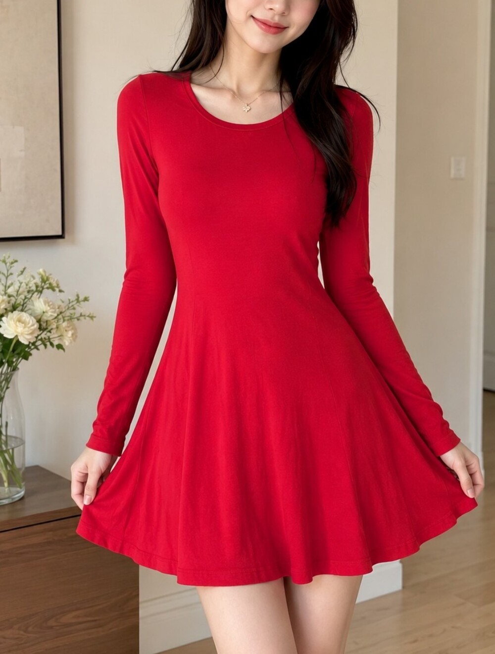 Express Women's Red Long-Sleeve A-Line Stretchty  Dress